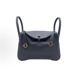 HERMES Lindy 26 Gold Buckle Handbag 26 Women\'s 3Y Caban Black tweed/Sailor Blue